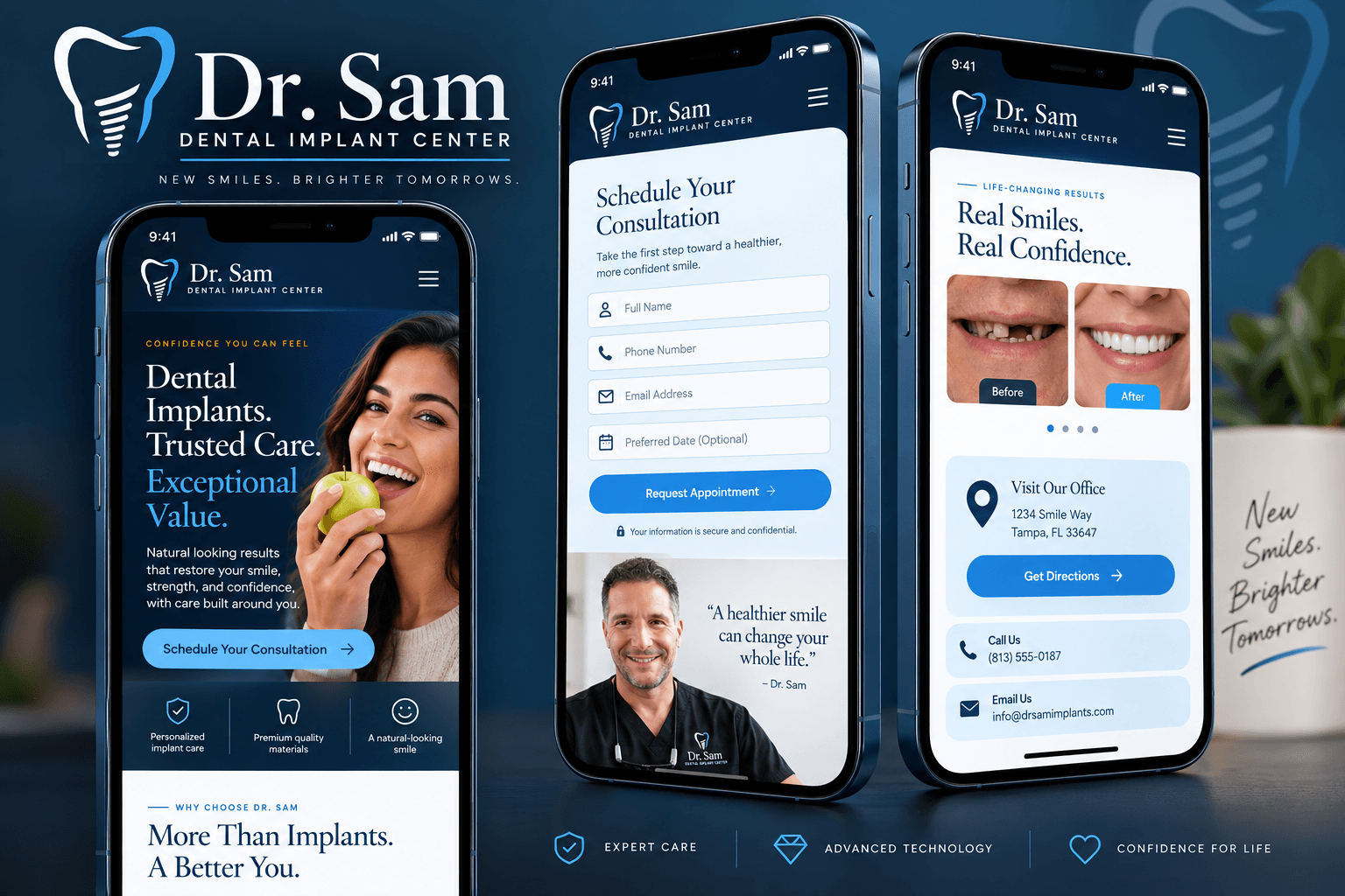 Dr. Sam website showcase with three mobile screens